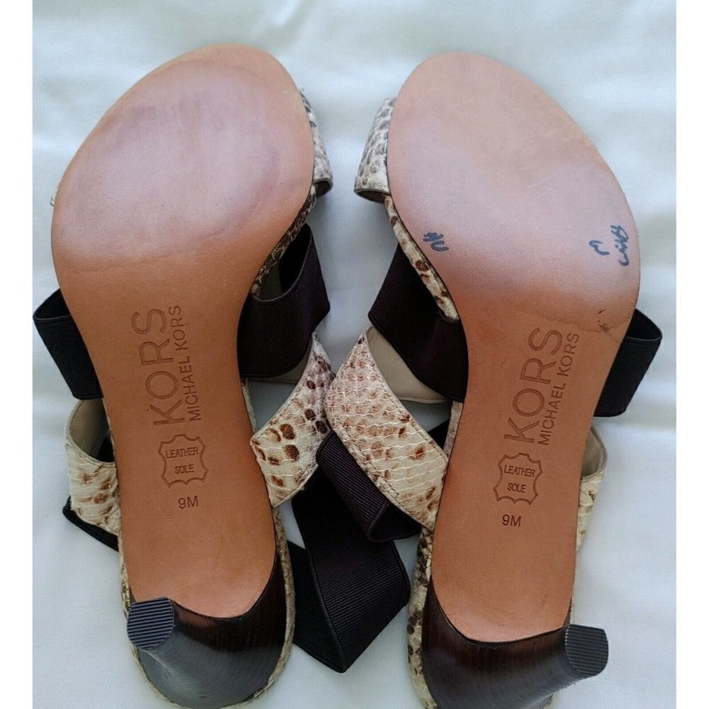 Michael Kors Brown and Tan Leather Snakeskin Print Open Toe Strappy Heels Size 9 - Picture 10 of 10